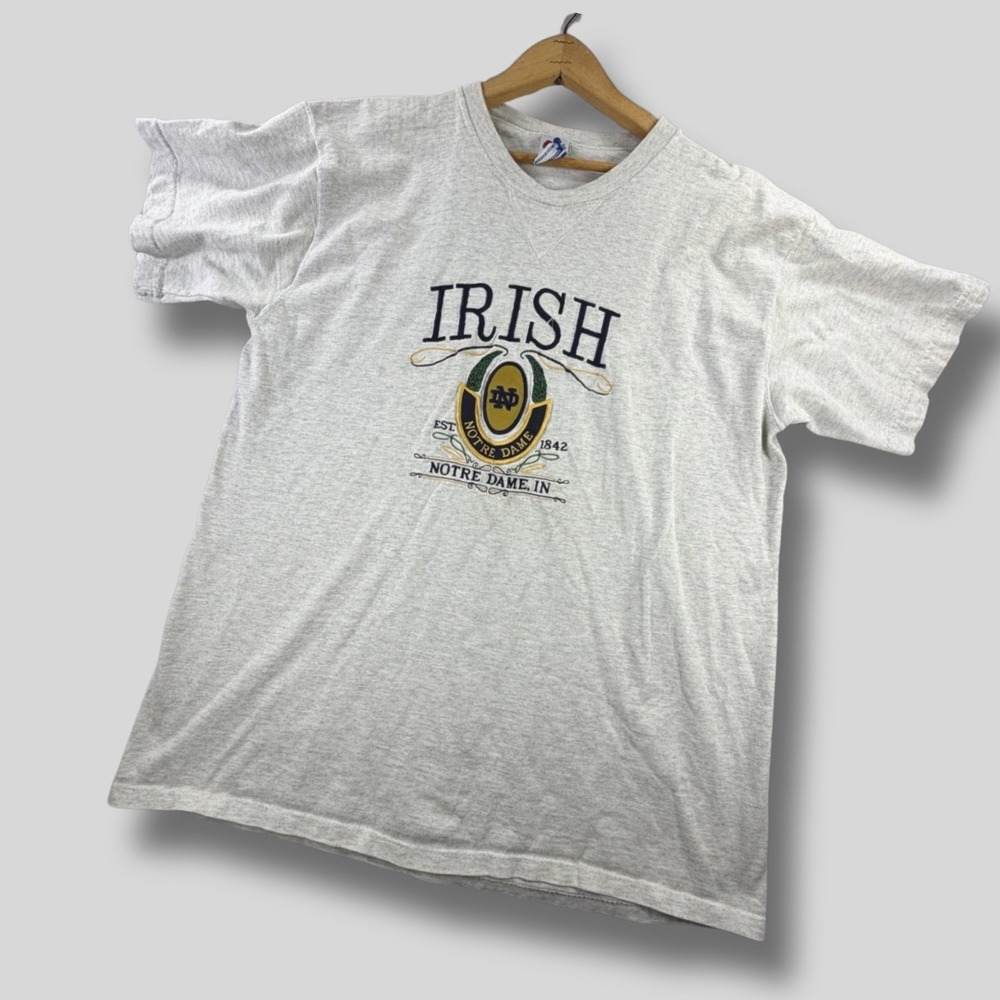 Norte Dame 80s/90s Vintage Fighting Irish T Shirt Midwest Embroidery USA Gray XL